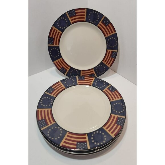 Vintage Coventry Stoneware "Liberty" USA Flags Dinner Plates Set Of 4 - Picture 1 of 8